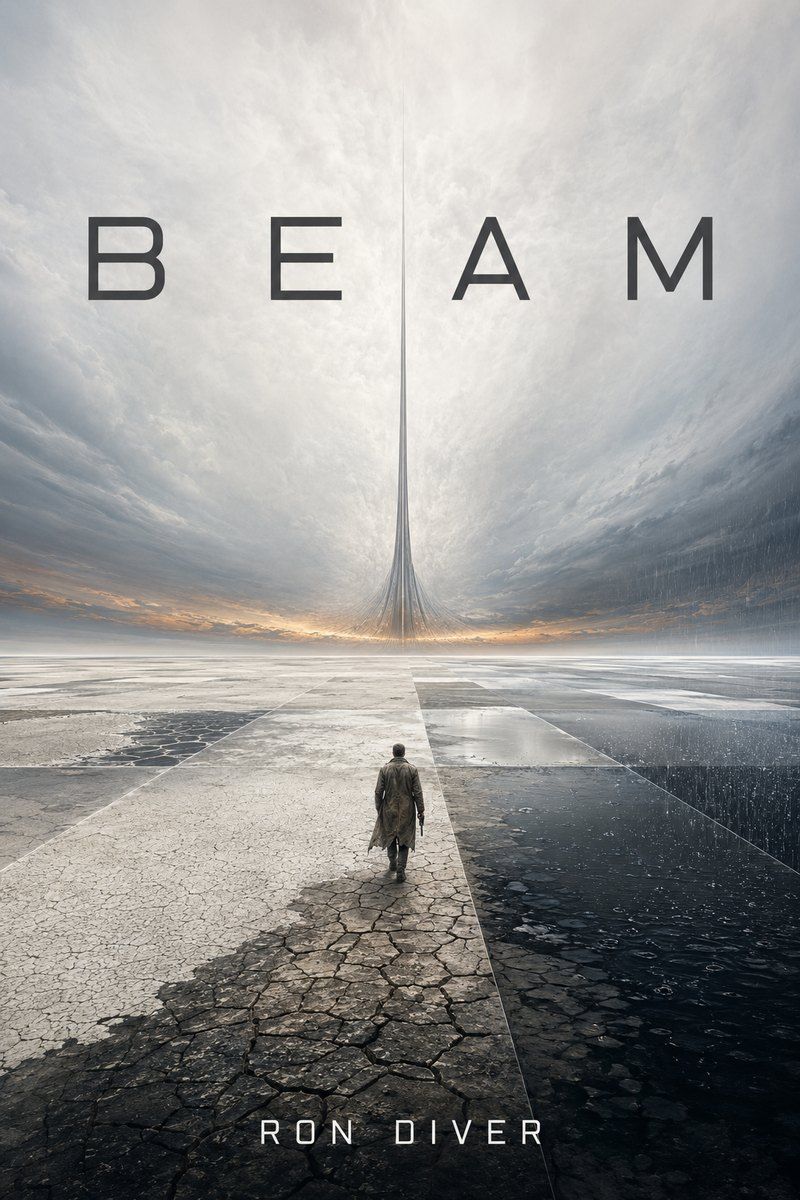 Draft cover of BEAM: a lone figure facing a tower in a fractured landscape