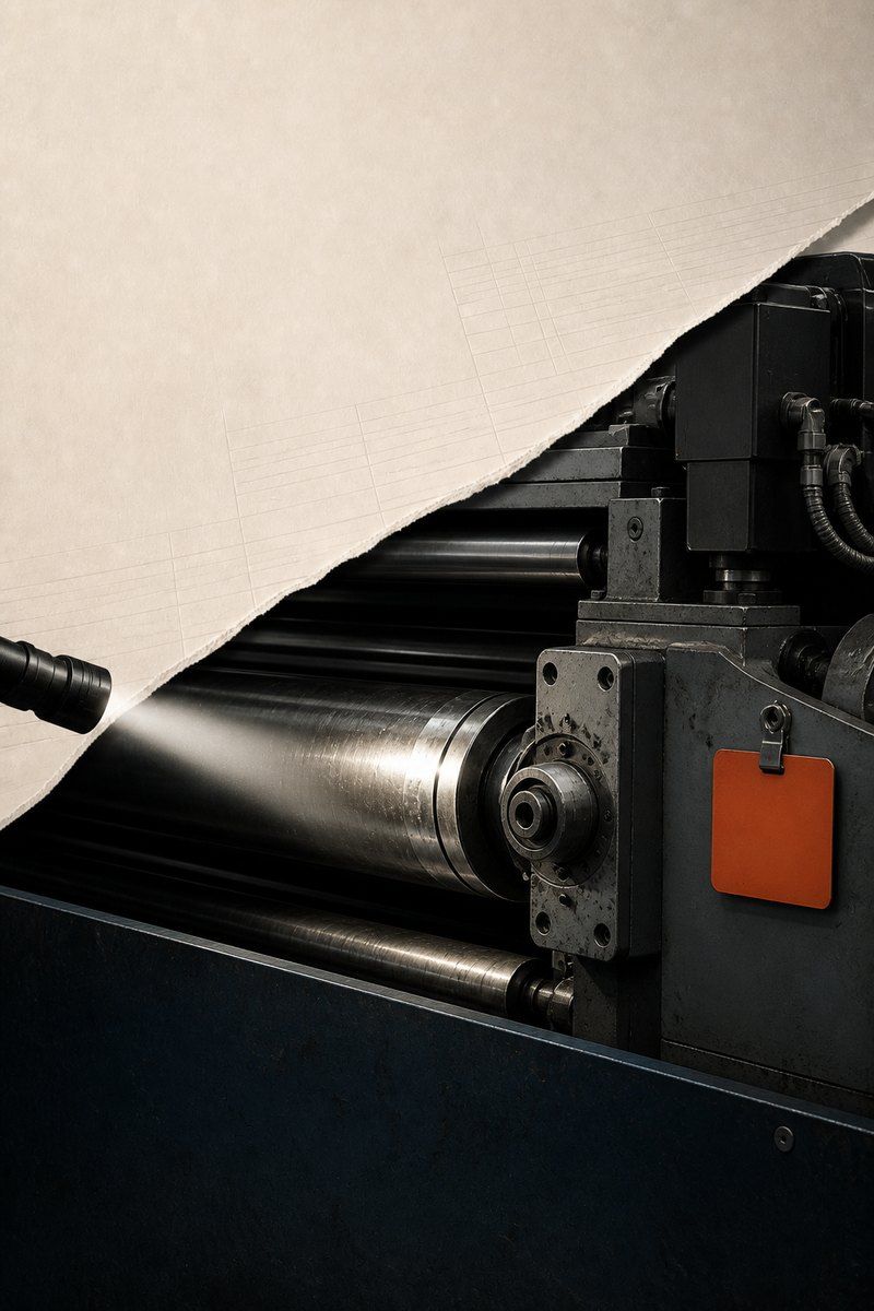 Draft cover artwork for Buy the Shop: paper over industrial machinery