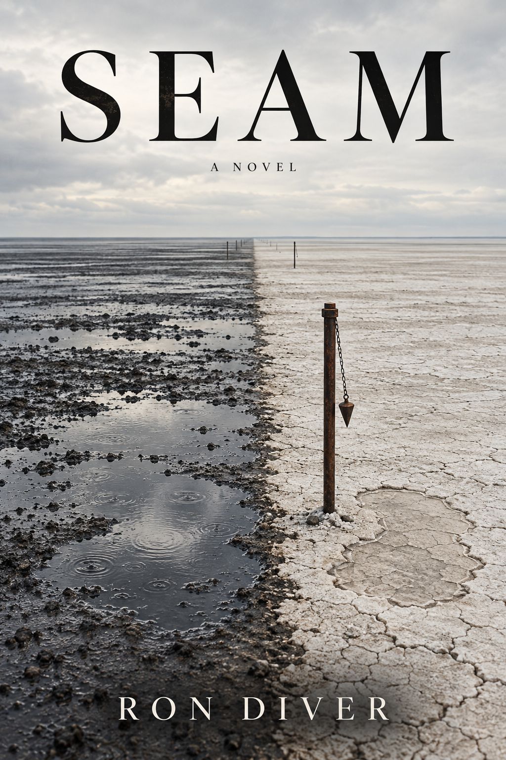 Draft cover of SEAM: rain-soaked clay meets dry salt beside a survey post