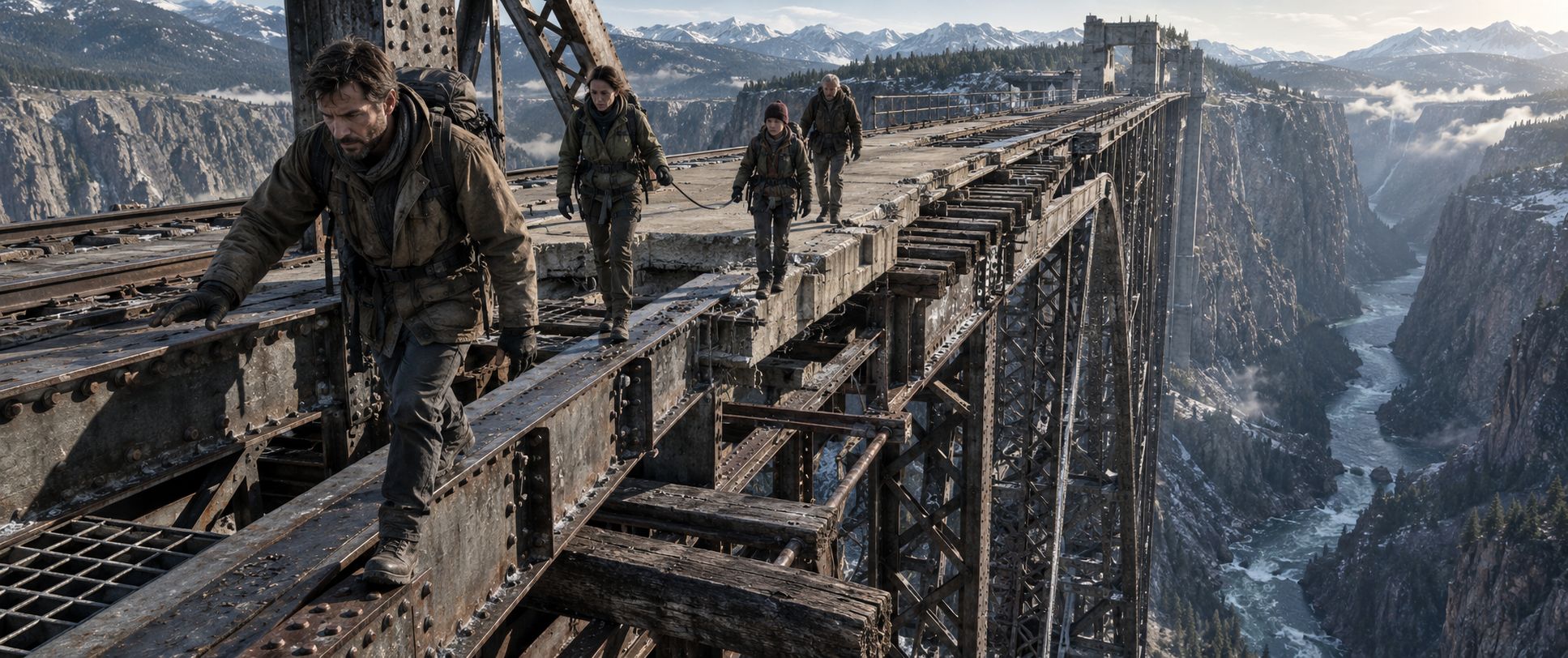 Four travelers carefully crossing the exposed steelwork of a bridge above a deep gorge