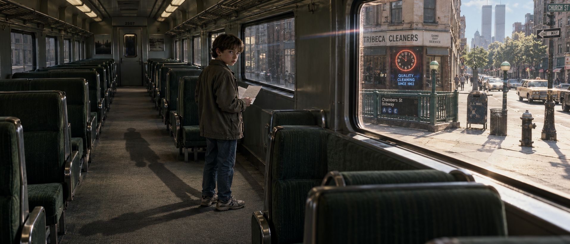 A boy carrying an envelope aboard an old train, looking toward a sunlit New York street