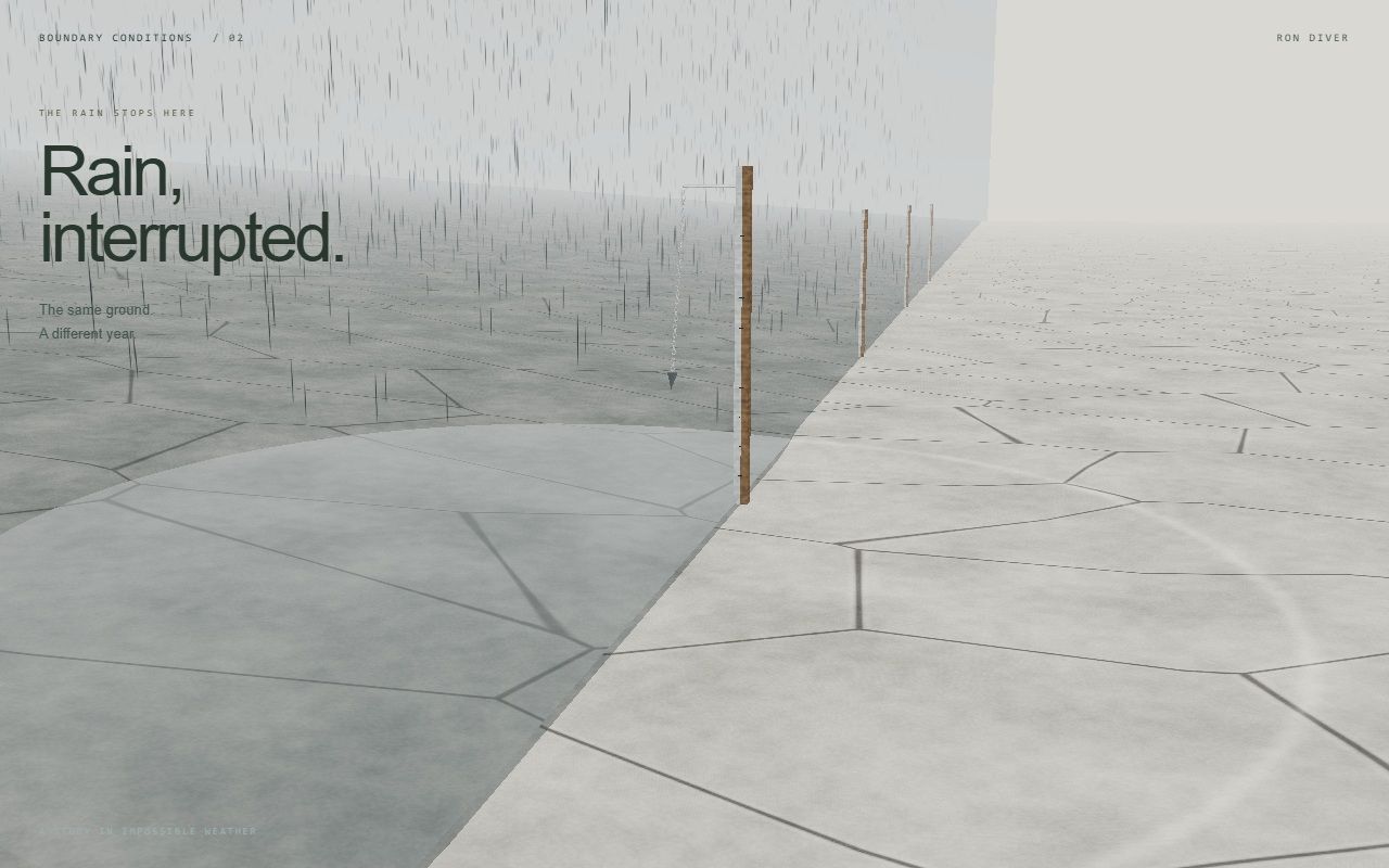 Rain falling onto a shallow pool beside dry clay, with a survey post at the boundary