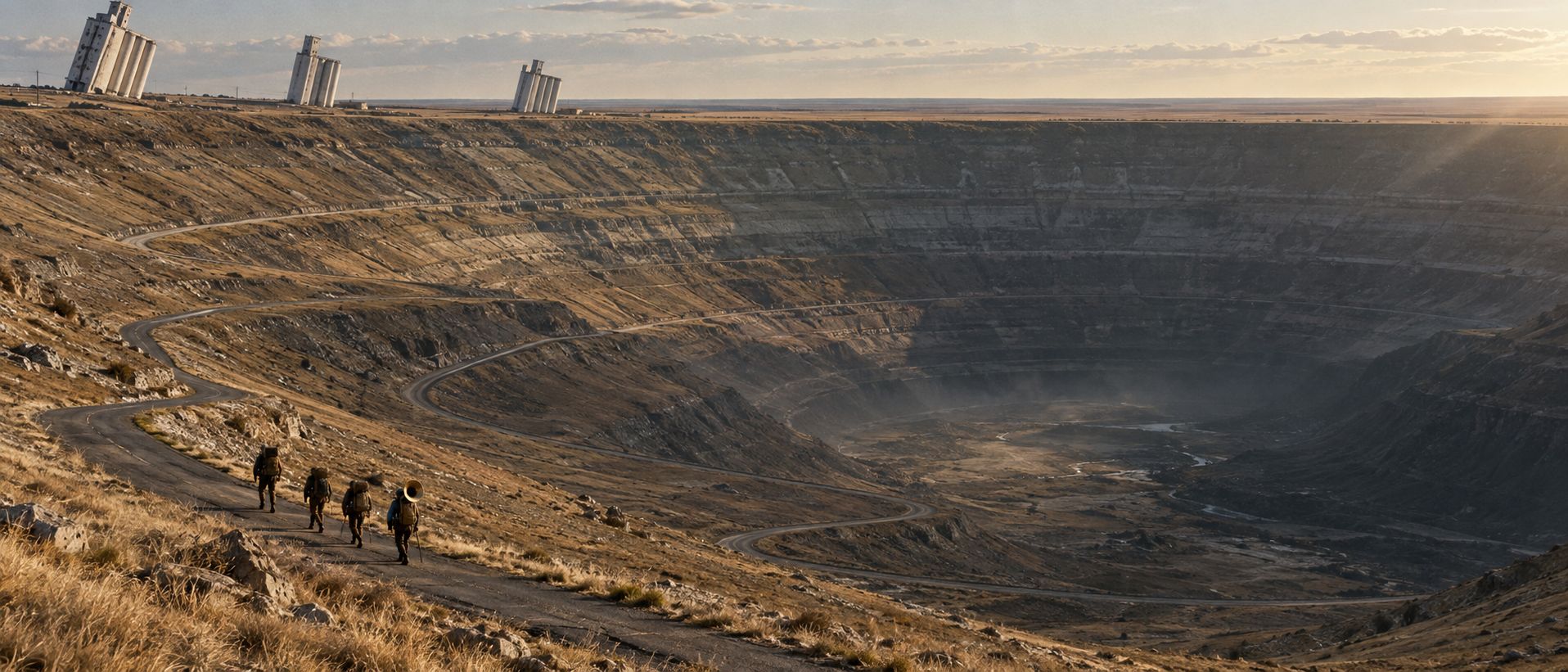 Four small travelers descending a winding road into an enormous basin, with tilted grain elevators on its rim